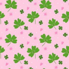 Good luck seamless pattern with green clover leaves, stars, hearts on pink background. Vector St Patrick day print - 757238750