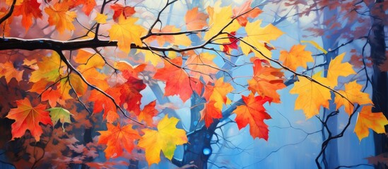 An art painting depicting autumn leaves in shades of orange hanging from a tree branch, showcasing the beauty of nature in the ecoregion