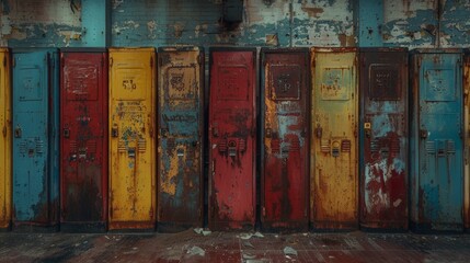 Vintage Metal School Lockers in Various Colors Against Peeling Paint Wall