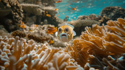 Naklejka na ściany i meble A detailed image of anemone fish swimming at the