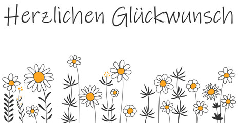 Herzlichen Glückwunsch - Schriftzug mit deutschem Text. Floraler Hintergrund Banner mit hübschen Blumen als Blumenwiese Vektor Illustration
