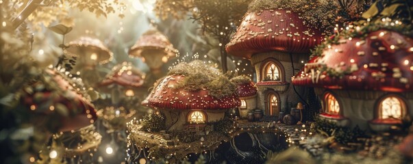 Enchanting Twilight Village of Mushroom Houses in a Magical Forest - obrazy, fototapety, plakaty