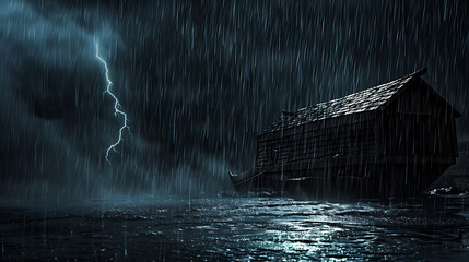 Noah's Ark navigating through heavy rain during the flood.