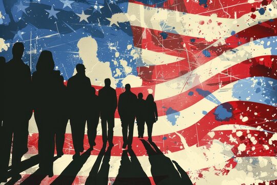 illustration of silhouettes of people on the background of the american flag. US elections. Independence Day USA