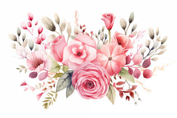 Bouquet of pink flowers on white background. Watercolor illustration.