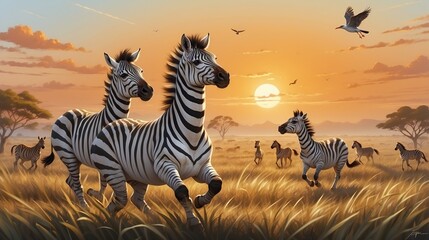 zebra at sunset - obrazy, fototapety, plakaty