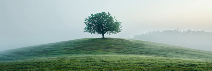 Single tree on a misty hill at dawn. Minimalist landscape with copy space. Peace and solitude concept for design and print