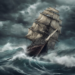 ship in stormy sea - obrazy, fototapety, plakaty