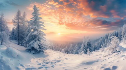 Painting of Snowy Landscape With Trees in Winter