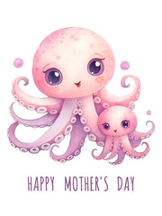 Mother octopus hugging baby. Ocean animals cute illustration isolated on white background. Happy mothers day card.