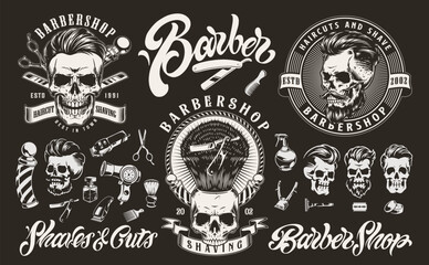 Barber shop monochrome set stickers