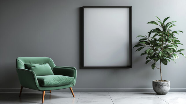 empty room  with white blank frame is hanging on green wall with white floors and green armchair, minimalist interior