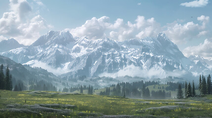 A serene mountain landscape, with snow-capped peaks towering over a peaceful alpine meadow