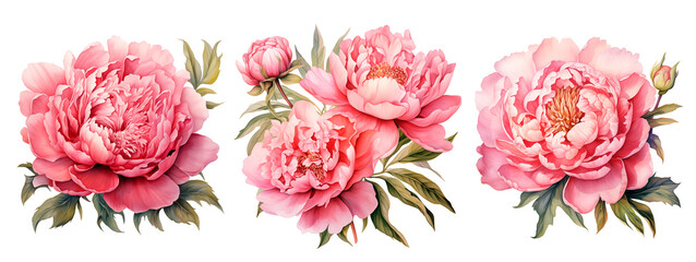 Three pink peonies flowers isolated on white background. Watercolor botanical illustration for wedding invitation.