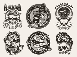 Barber industry set emblems monochrome