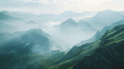 Sunrise and mist over mountain ranges in gradient hues. Panoramic landscape photography series. Nature and tranquility concept for design and print. Aerial view with copy space - obrazy, fototapety, plakaty