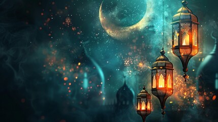Obraz premium Radiant Ramadan Kareem: A Card Design Illuminated by the Lantern and Crescent Against a Serene Background, AI Generate.