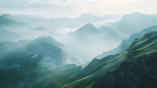 Sunrise and mist over mountain ranges in gradient hues. Panoramic landscape photography series. Nature and tranquility concept for design and print. Aerial view with copy space