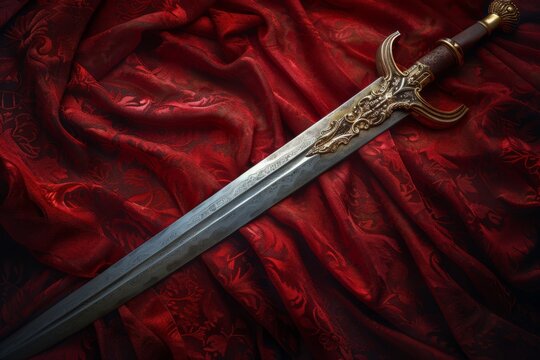 An exquisitely crafted sword lies on a deep red fabric with intricate golden patterns accenting both