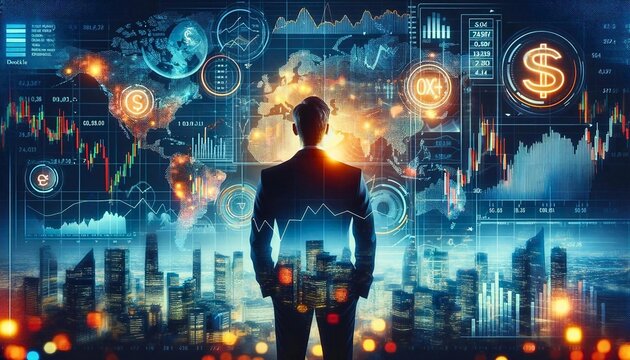 Businessman Contemplating Financial Charts with Futuristic City Double Exposure