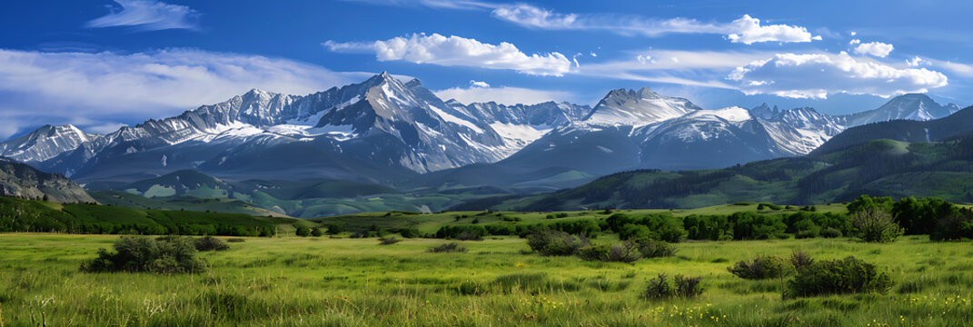 A serene mountain landscape, with snow-capped peaks towering over a peaceful alpine meadow