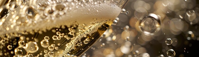Intimate view of champagne effervescence, glasses filled with cascading bubbles, symbolizing joy
