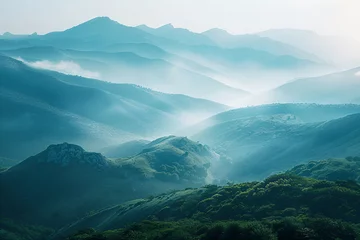 Fototapete Rund Sunrise and mist over mountain ranges in gradient hues. Panoramic landscape photography series. Nature and tranquility concept for design and print. Aerial view with copy space © Alexey
