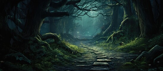 A mysterious dark forest with a winding path cutting through lush vegetation and towering trees, creating a sense of eerie beauty and intrigue