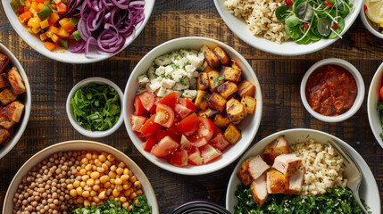 Colorful and balanced meal presentation, showcasing bowls of assorted fresh ingredients for clean eating