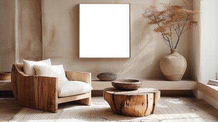 A minimalist modern wooden armchair with white cushions and an empty square white  frame on beige wall, 