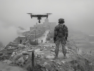 A military operator commands a reconnaissance drone, navigating hostile terrain to gather vital intel for strategic missions. - obrazy, fototapety, plakaty