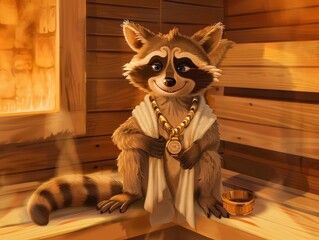 a raccoon tied with a towel around his waist, with a gold chain around his neck, sits on a wooden bench in the sauna, has a gold watch on his hand, and smiles arrogantly, chilling, relaxing