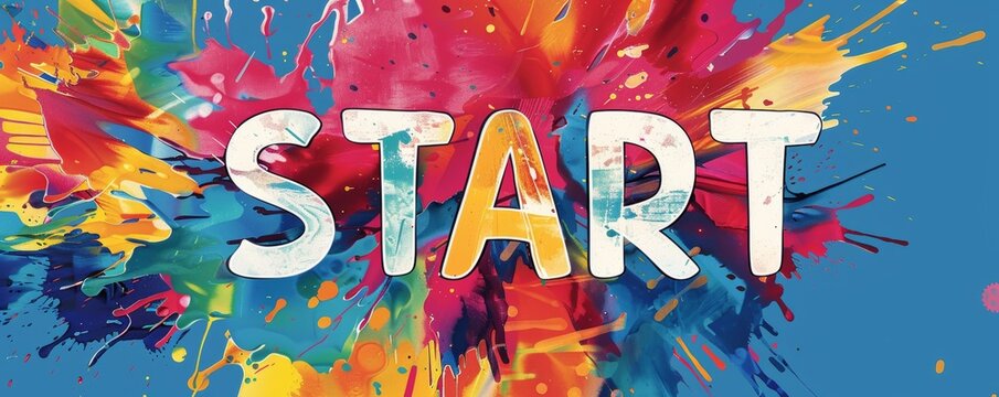 Brightly Colored Paint Splashes Behind a Bold Start Text Illustration
