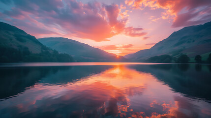 A serene sunset over a tranquil lake, with the sky ablaze in hues of orange, pink, and purple, reflecting on the calm waters below. - obrazy, fototapety, plakaty