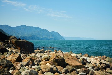 The Black Sea coast between Georgia and Turkey. Large rocks on the shore. Seascape