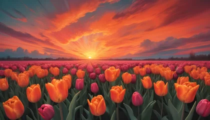 Plexiglas foto achterwand A surrealistic scene where tulips and roses morph into abstract shapes, their colors blending seamlessly with the fiery sky of a sunset. © Muhammad