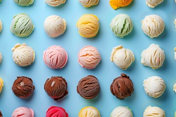 Colorful pattern of different ice cream scoops on blue background