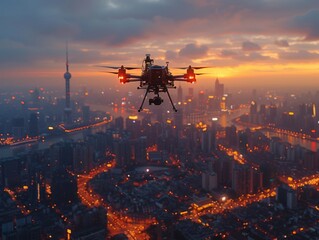 Above the sprawling metropolis, an urban surveillance drone captures the dynamic cityscape, showcasing the bustling life and potential security challenges below.