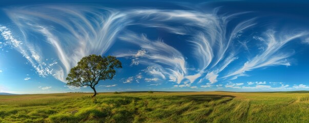 Lone Tree in Grassy Field Under Blue Sky