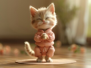 anthropomorphic, cute cat, wearing pink yoga clothes, arms folded, standing, smiling pretty background yoga studio, elegant, detailed, high definition