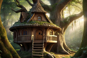 Magical tree house in enchanted forest. Small houses built into old tree trunk. Beautiful fantasy...