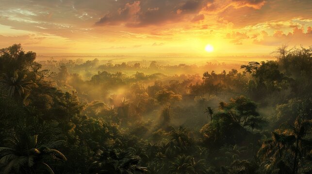 Sun Setting Over Tropical Forest
