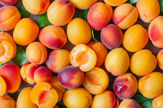 Colorful pattern of fresh ripe whole and sliced apricots