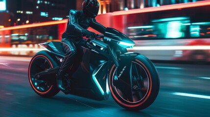 A futuristic motorcycle moves down a dark, neon-lit street. The motorcycle is black and red in...