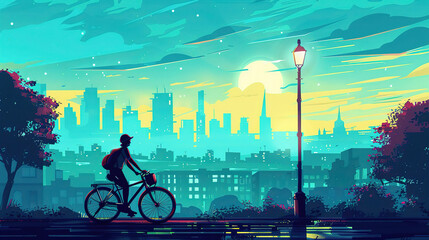 A cyclist rides along a park path with a vibrant sunset and city skyline backdrop