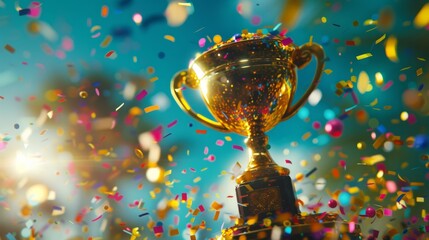 A high-resolution cinematic image of a suspended golden trophy, with a vivid shower of confetti in the background, epitomizing celebration and success, AI Generative