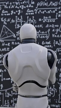 Human-like robot thinking out loud. Smart android person solving scientific problem writing formulas on chalkboard focused on studies. Future and knowledge 3D concept.
