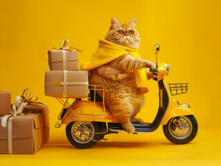 chubby orange cat, delivering couriers on bicycles and electric scooters, with densely packed courier boxes on the car, wearing yellow clothes