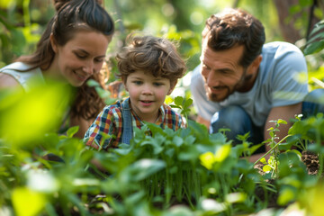 Close-Up Candid Family Enjoying Gardening. Young family gardening together in lush greenery, depicting love and togetherness.