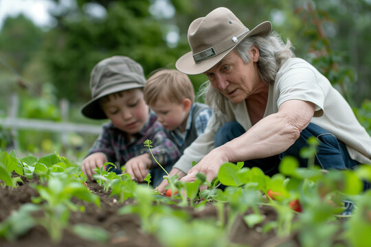 Outdoor Family Gardening Activity. Senior man with children gardening, teaching, and bonding in daylight.